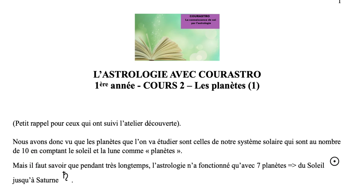 Cours d'astrologie (NG) niv. 1ère année -cours1 et 2 les Planètes